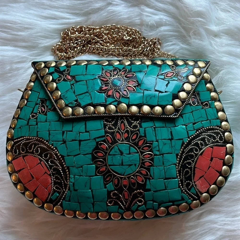 🆕 RAMLA Handmade Moroccan Turquoise Tile Mosaic Clutch Crossbody Bag Gold Chain